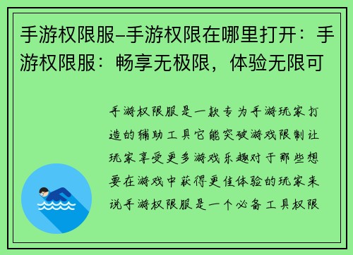 手游权限服-手游权限在哪里打开：手游权限服：畅享无极限，体验无限可能
