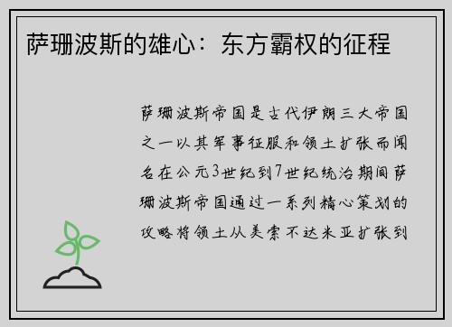 萨珊波斯的雄心：东方霸权的征程
